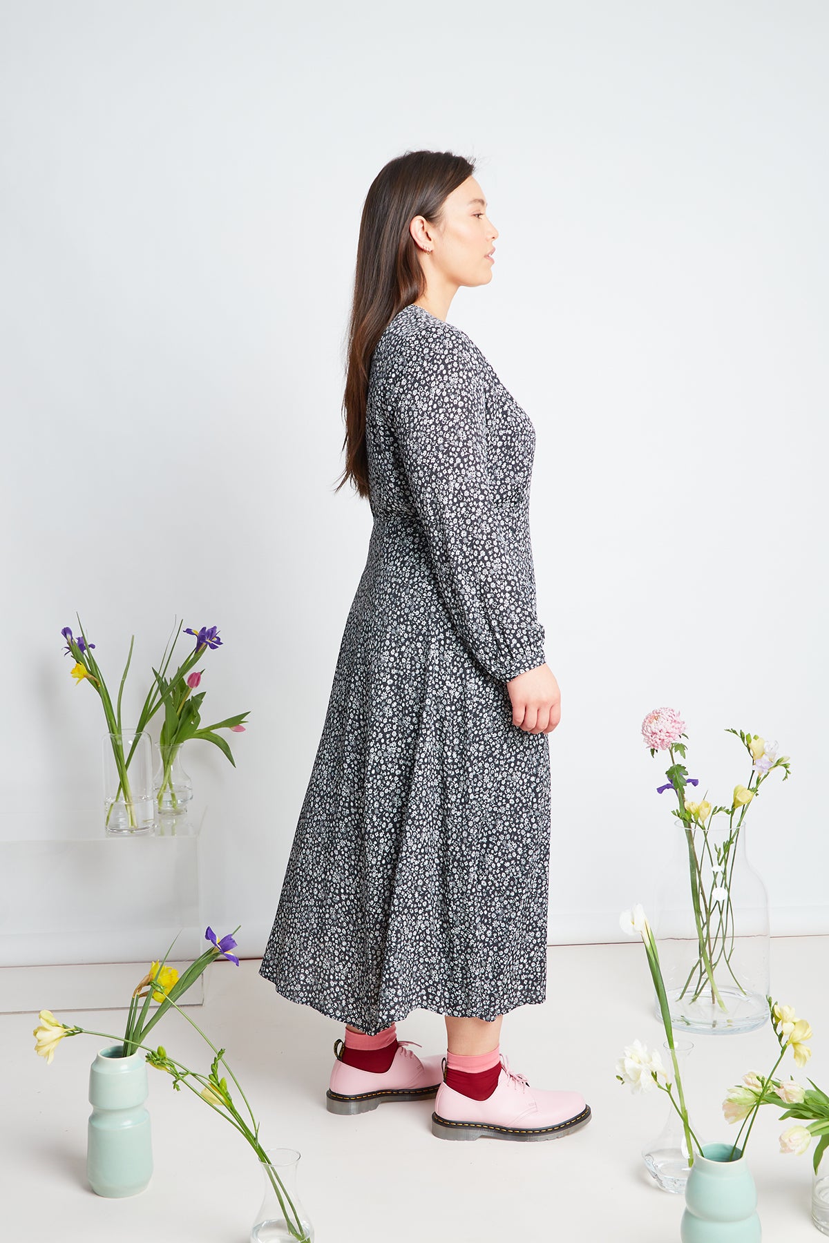 Chloe dress by twenty-seven names. Long-sleeved wrap dress with a high waist and simple, long, flared skirt in black and white micro floral print.