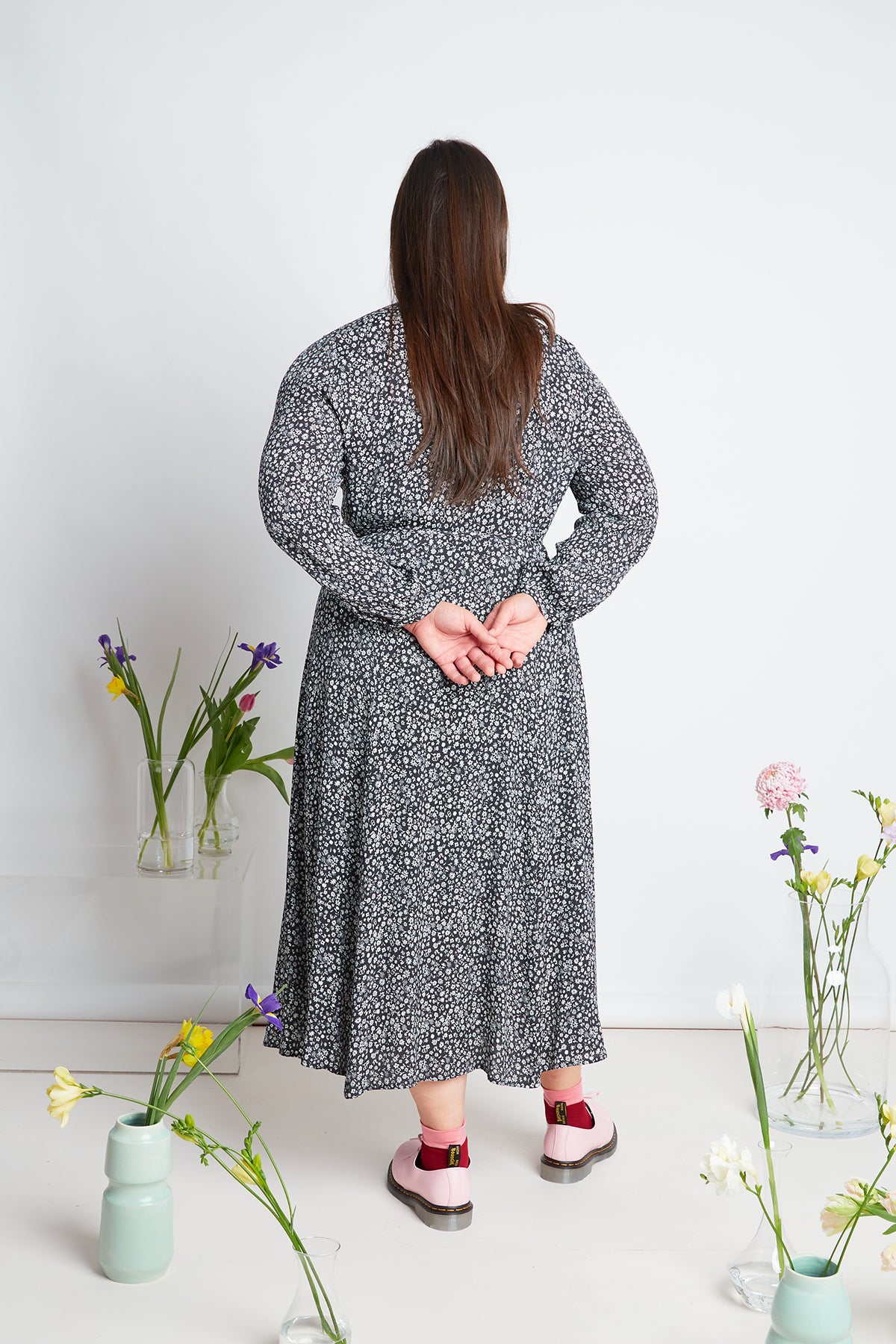 Chloe dress by twenty-seven names. Long-sleeved wrap dress with a high waist and simple, long, flared skirt in black and white micro floral print.