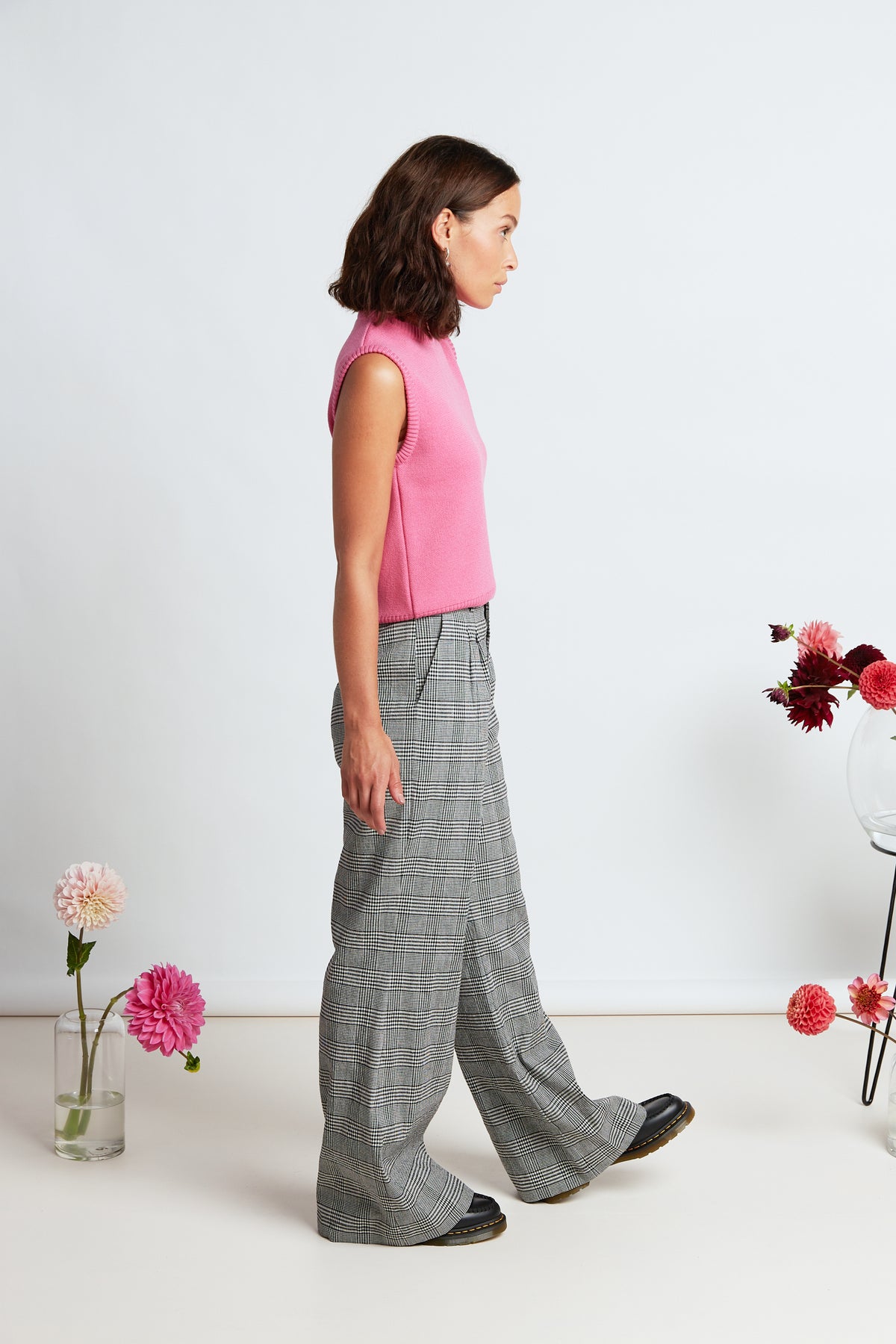 Davenport flares by twenty-seven names. High-waisted plaid pants with a flared leg, pockets and belt loops.